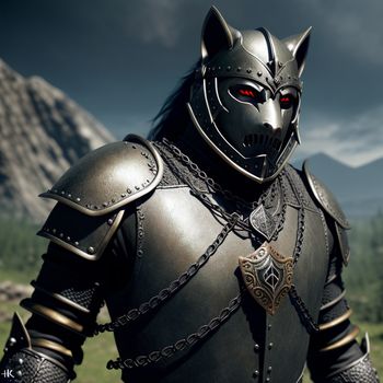 man in a full armor with a wolf mask on his face and a chain around his neck and chest