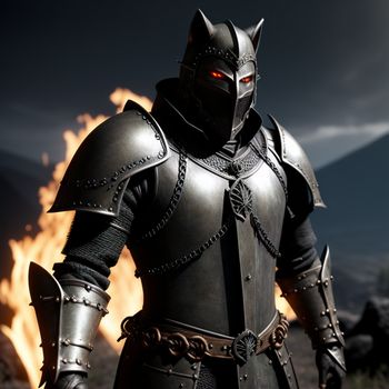 man in a full armor standing in front of a fire with a helmet on and a sword in his hand