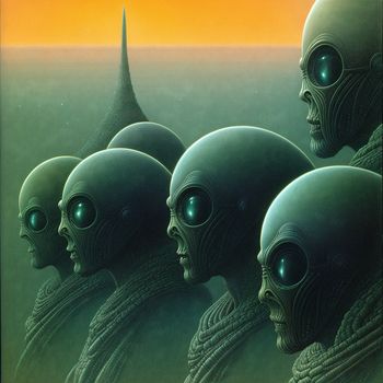 painting of a group of alien heads with a pyramid in the background and a yellow sky in the background