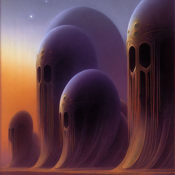 painting of a futuristic city with a lot of strange buildings and giant balls in the background