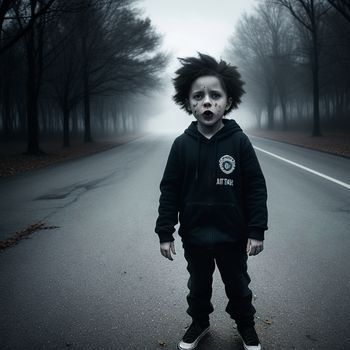 young boy standing on a road in the middle of a forest with trees and fog in the background