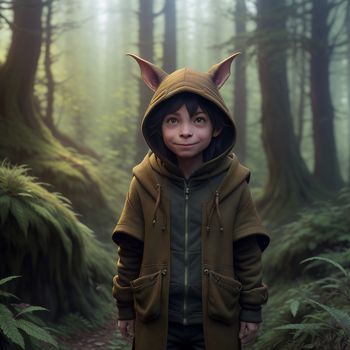 young boy in a forest with a hoodie on and a cat ears on his head