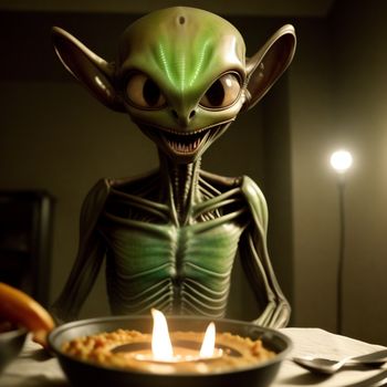 creepy looking alien sitting in front of a pie with a lit candle in it's mouth and a lit candle in the middle