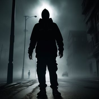 man in a hooded jacket standing on a street in the dark with a street light in the background