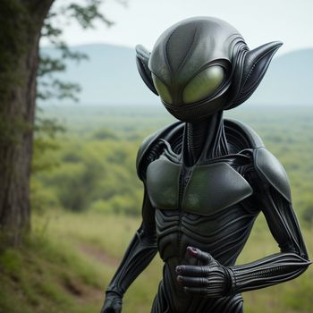 alien woman standing in a field with a forest in the background and a sky in the background with a mountain in the distance