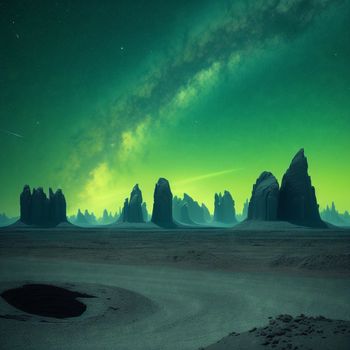 green sky with a green aurora above some rocks and a road in the foreground and a few mountains in the background