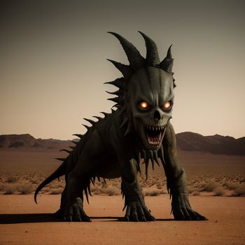 creature with horns and big eyes in the desert with mountains in the background and a desert landscape with sparse grass