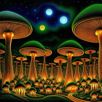 painting of a forest with many mushrooms in the night sky and a full moon in the background with stars