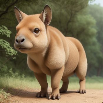 brown dog standing on a dirt road next to a forest filled with trees and grass