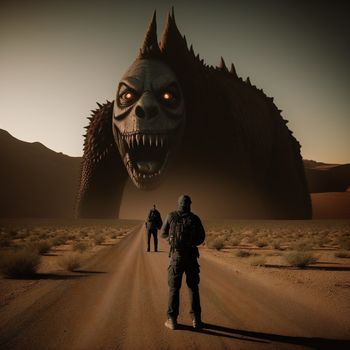 man standing on a dirt road next to a giant monster head with a man in the middle of it