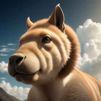 dog with a sky background and clouds in the background is a digital painting of a dog's face