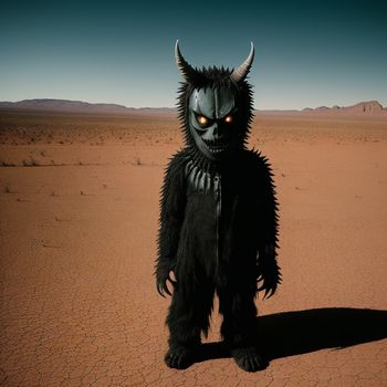 man in a costume standing in a desert area with a desert background and a sky background with a few clouds