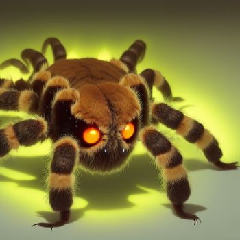 close up of a spider with glowing eyes on a green background with a shadow of its head and legs