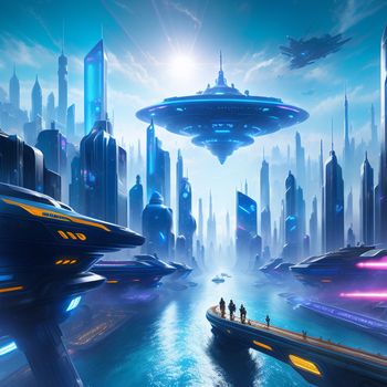 futuristic city with a futuristic bridge and a floating city in the background with a futuristic city on the horizon