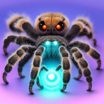 spider with glowing eyes and a glowing orb in its mouth