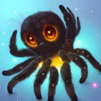 spider with glowing eyes and a glowing tail on a blue background with stars and a starlight in the center