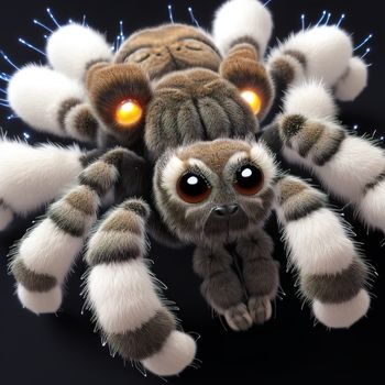 close up of a stuffed animal spider with glowing eyes and a fuzzy tail