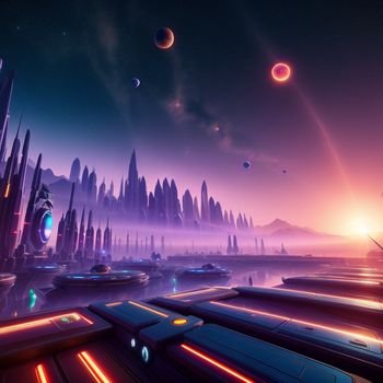 futuristic city with a lot of lights and planets in the sky and a lot of buildings and cars