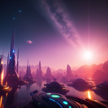 futuristic city with a futuristic sky and a distant planet in the background with a bright sun in the sky