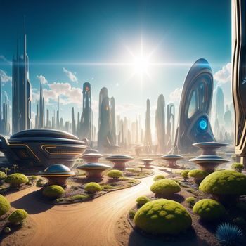 futuristic city with a futuristic futuristic landscape and a futuristic city in the background with a bright sun shining