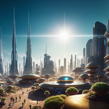 futuristic city with a futuristic spaceship in the foreground and a futuristic city in the background with people walking around