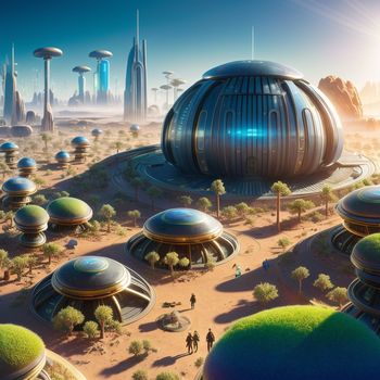 futuristic city with a futuristic dome like structure surrounded by trees and bushes and people walking around it in the desert