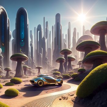 futuristic car driving through a futuristic city with trees and mushrooms on the ground and a sun shining in the sky