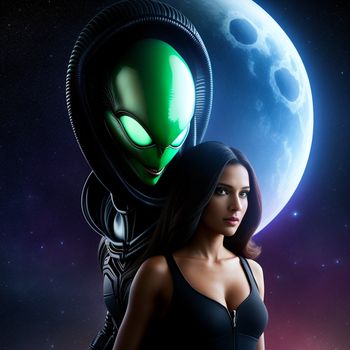 woman in a black dress standing next to a green alien in front of a full moon and a full moon
