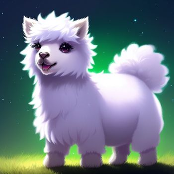 white fluffy dog standing on top of a lush green field under a night sky with stars and a green light