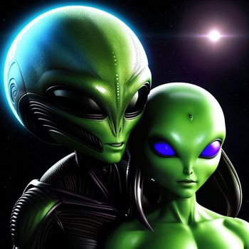 couple of alien men standing next to each other on a dark background with a bright blue light shining on them