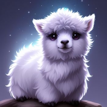 white fluffy dog sitting on top of a rock under a night sky with stars and a moon in the background