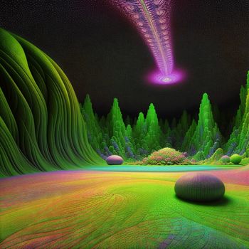 painting of a landscape with a large ball in the middle of the picture and a purple light above it