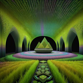 digital painting of a green and purple room with a fountain in the center of the room and a green triangle in the center