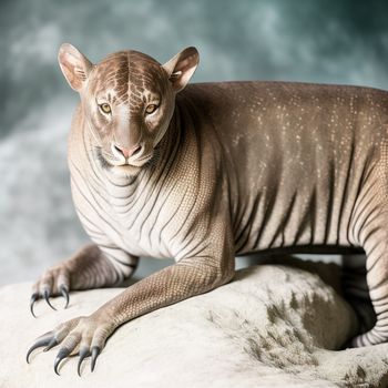 hairless cat sitting on a rock in a museum exhibit