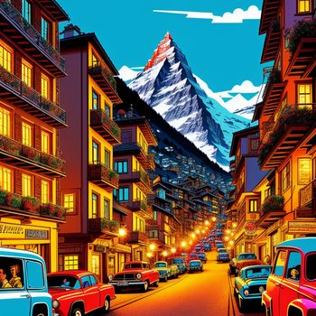 painting of a city street with cars parked on the side of the road and a mountain in the background