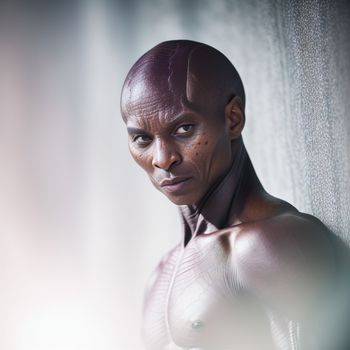 man with a shaved head and no shirt on posing for a picture in a studio setting with a curtain behind him