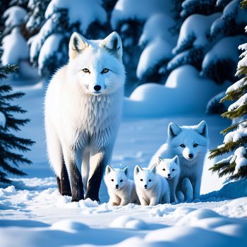 group of white foxes in the snow with trees in the background and snow covered ground behind them