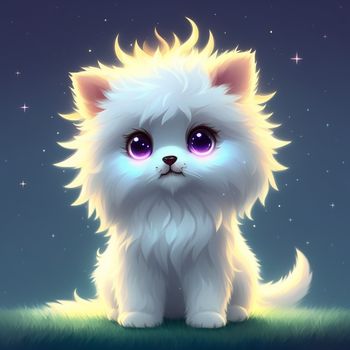 white cat with glowing eyes sitting on a grass field at night with stars in the background and a blue sky