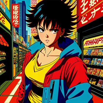 woman in a yellow shirt and blue jacket in a store aisle with a red and yellow sign that says