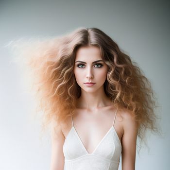 woman with long blonde hair is posing for a picture with her hair blowing in the wind and her eyes closed