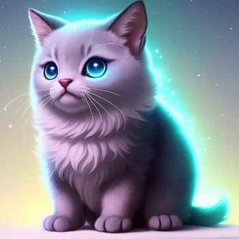 white cat with blue eyes sitting on a table with a star background in the background and a blue light shining on the cat