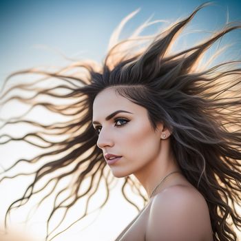 woman with long hair is posing for a picture with her hair blowing in the wind and her eyes closed