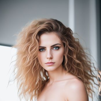 woman with long hair and blue eyes posing for a picture with her hair blowing in the wind and looking at the camera