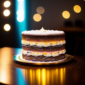 cake with white frosting and sprinkles on a plate on a table with lights in the background