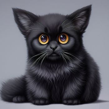 black cat with yellow eyes sitting down on a gray background with a white background behind it and a gray background behind it