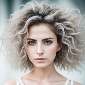 woman with a short blonde haircut and blue eyes is looking at the camera with a serious look on her face