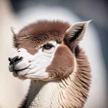 close up of a llama's face with a blurry background of the image in the background