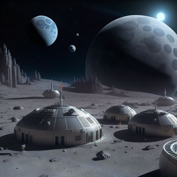 group of futuristic buildings on a surface with planets in the background and stars in the sky above them