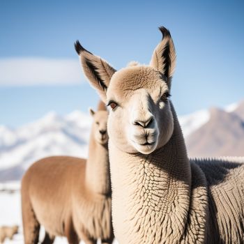 close up of two llamas in a field with mountains in the background and snow on the ground