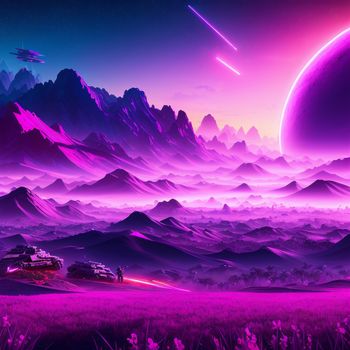 futuristic landscape with a spaceship and a distant planet in the distance with a distant star in the sky